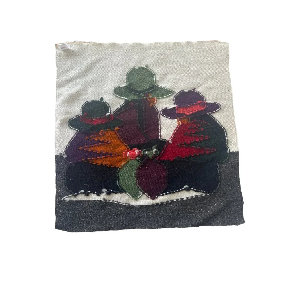 Trute Wool Handmade in Equador Wall Hanging Tapestry 3 Men Hats Poncho 22x23